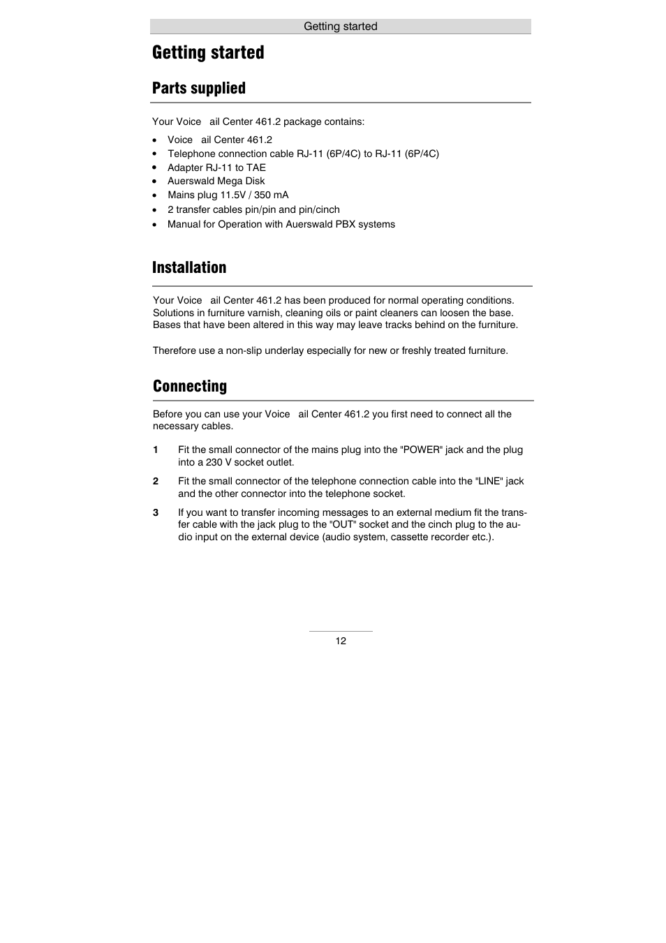 Getting started, Parts supplied, Installation | Connecting | Auerswald 461.2 User Manual | Page 12 / 95