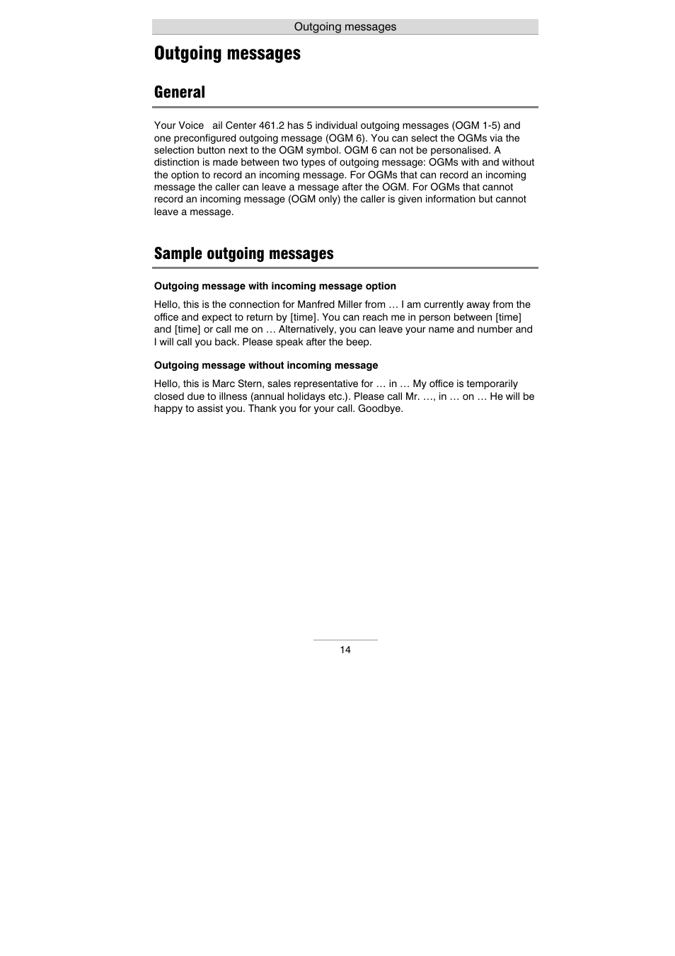 Outgoing messages, General, Sample outgoing messages | Auerswald 461.2 User Manual | Page 14 / 95
