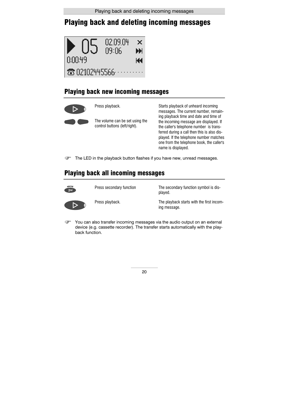 Playing back and deleting incoming messages, Playing back new incoming messages, Playing back all incoming messages | Auerswald 461.2 User Manual | Page 20 / 95