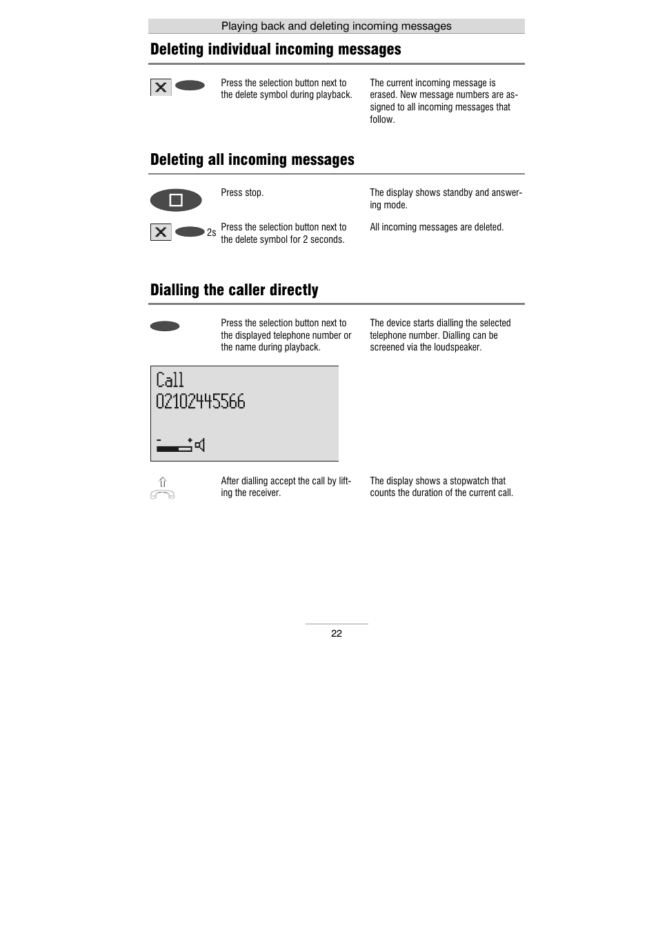 Deleting individual incoming messages, Deleting all incoming messages, Dialling the caller directly | Auerswald 461.2 User Manual | Page 22 / 95