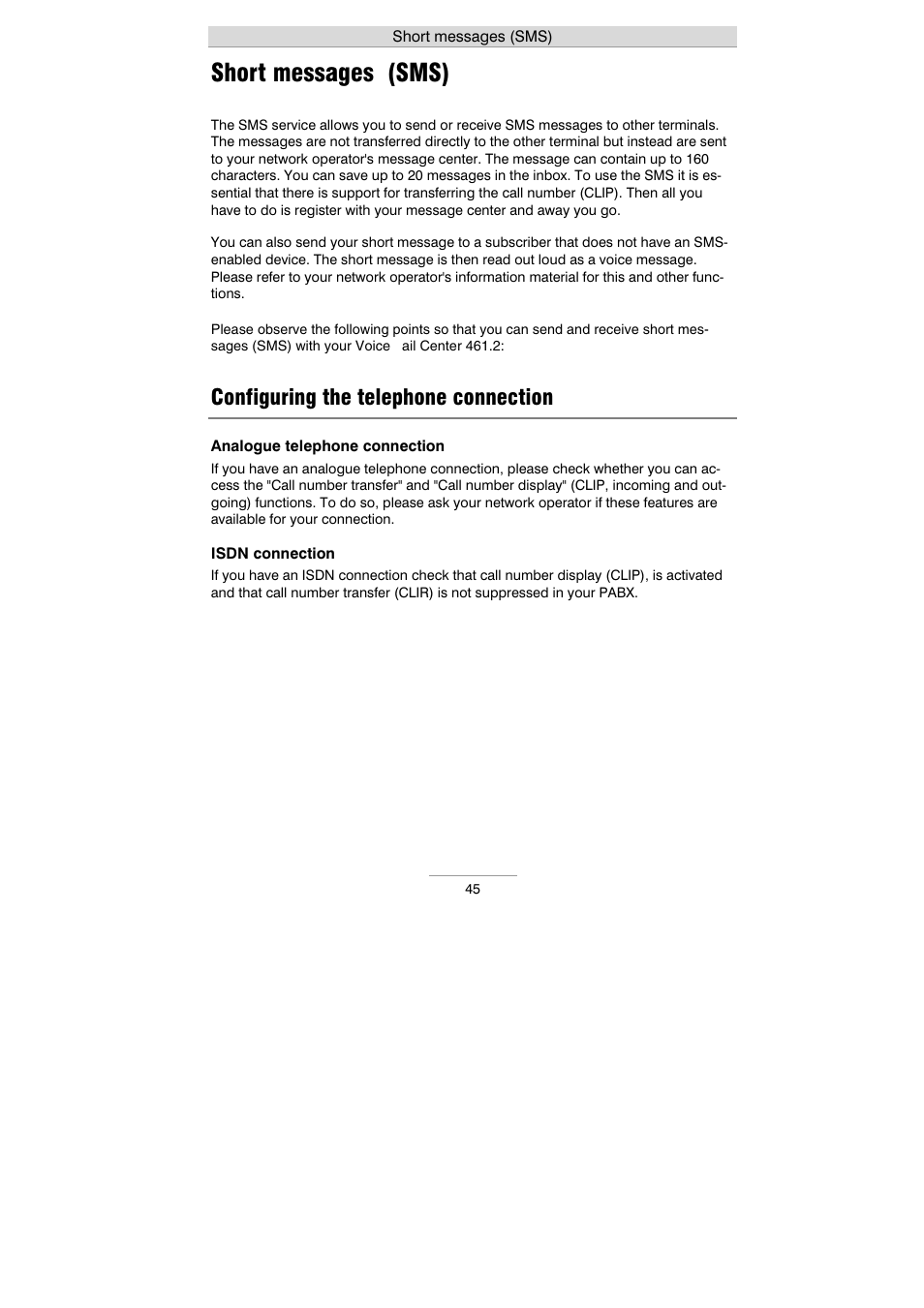 Short messages (sms), Configuring the telephone connection | Auerswald 461.2 User Manual | Page 45 / 95