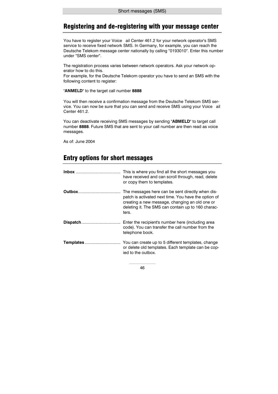 Entry options for short messages | Auerswald 461.2 User Manual | Page 46 / 95