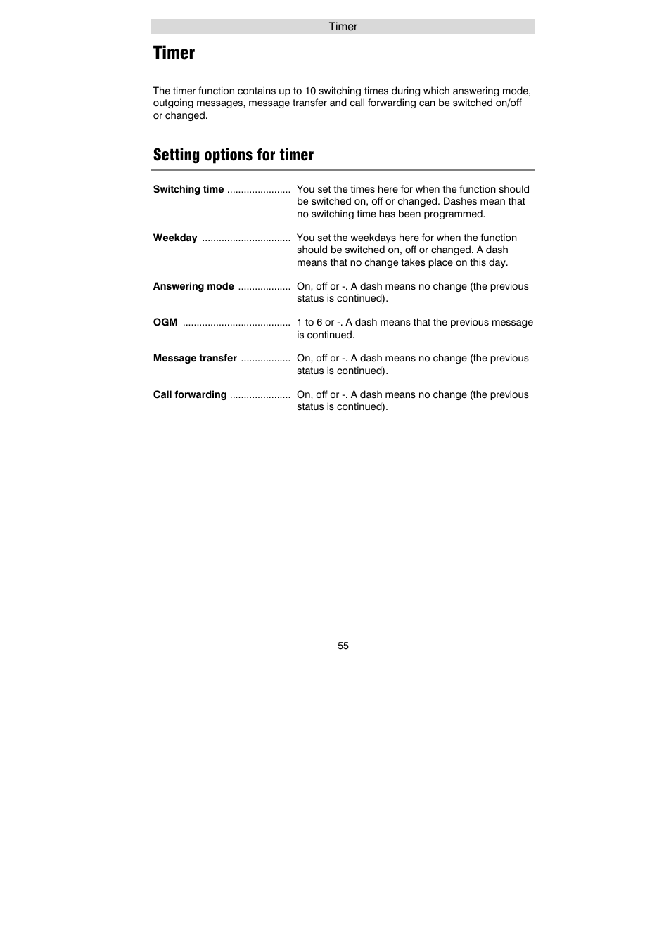 Timer, Setting options for timer | Auerswald 461.2 User Manual | Page 55 / 95