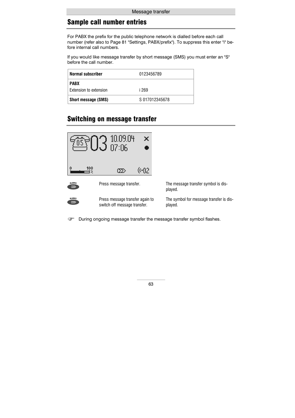 Sample call number entries, Switching on message transfer | Auerswald 461.2 User Manual | Page 63 / 95