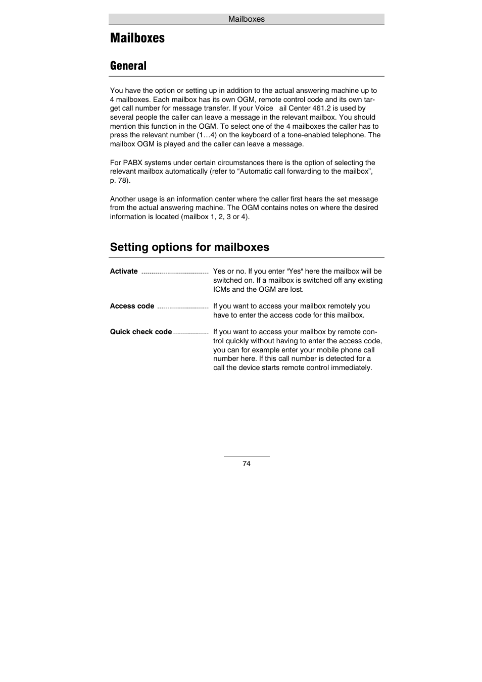 Mailboxes, General, Setting options for mailboxes | Auerswald 461.2 User Manual | Page 74 / 95