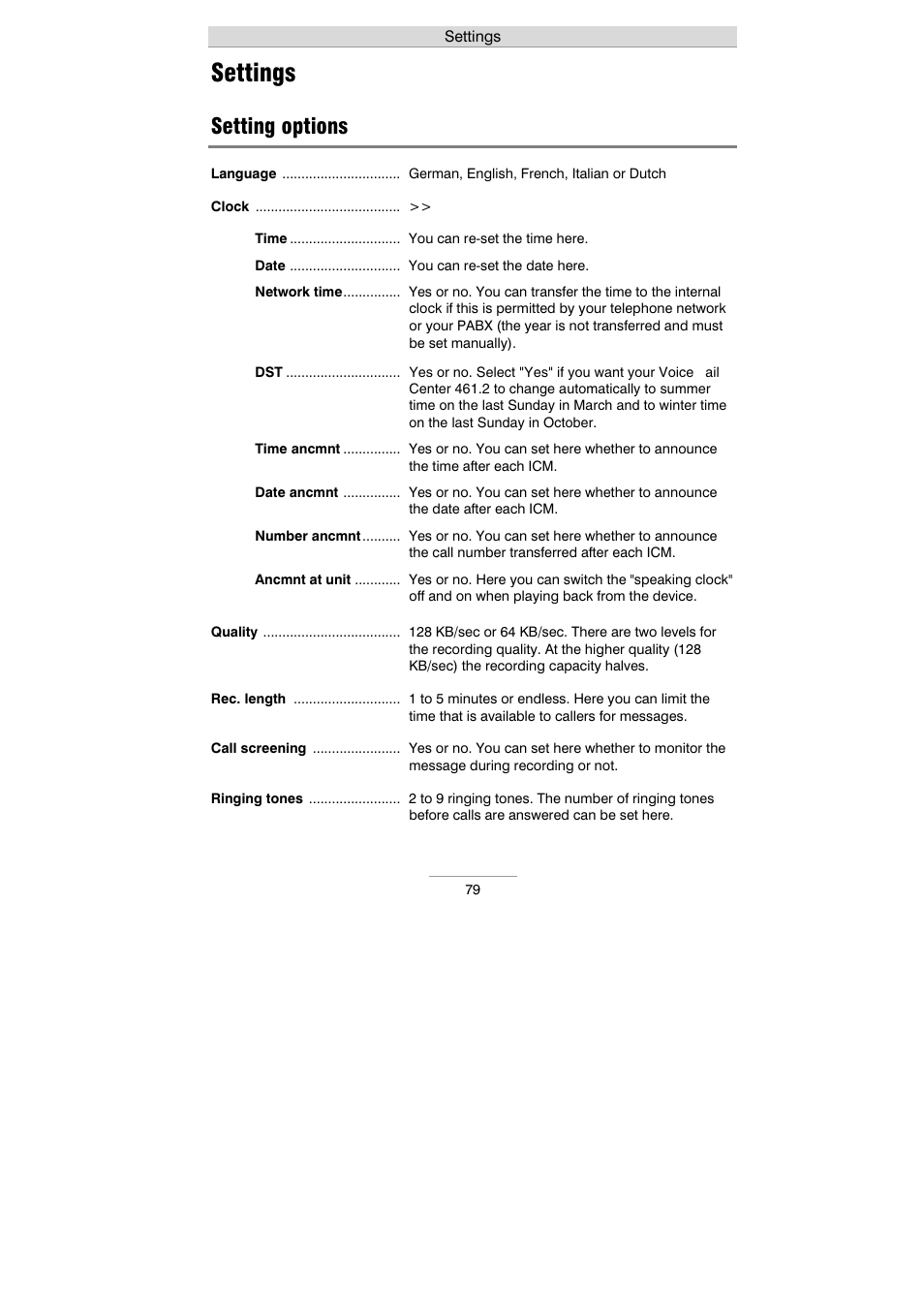 Settings, Setting options | Auerswald 461.2 User Manual | Page 79 / 95