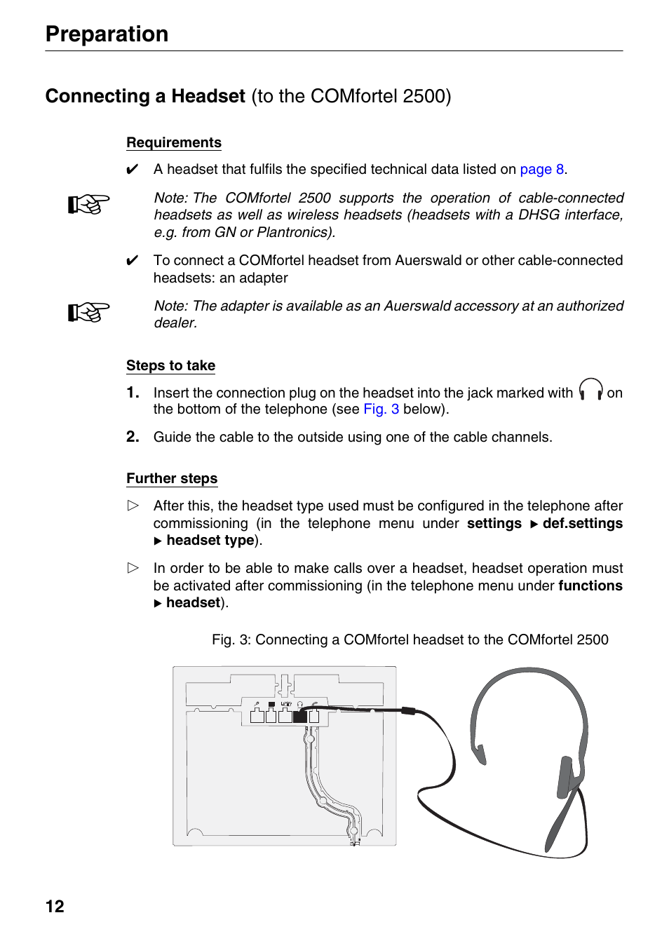 Connecting a headset (to the comfortel 2500), Connecting a headset (to, Preparation | Auerswald 1500 User Manual | Page 12 / 36