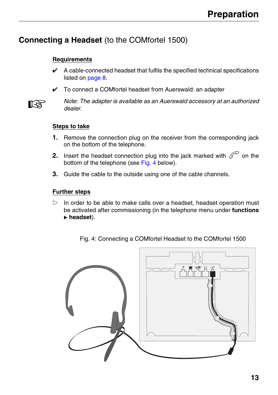 Connecting a headset (to the comfortel 1500), Connecting a headset (to, Preparation | Auerswald 1500 User Manual | Page 13 / 36