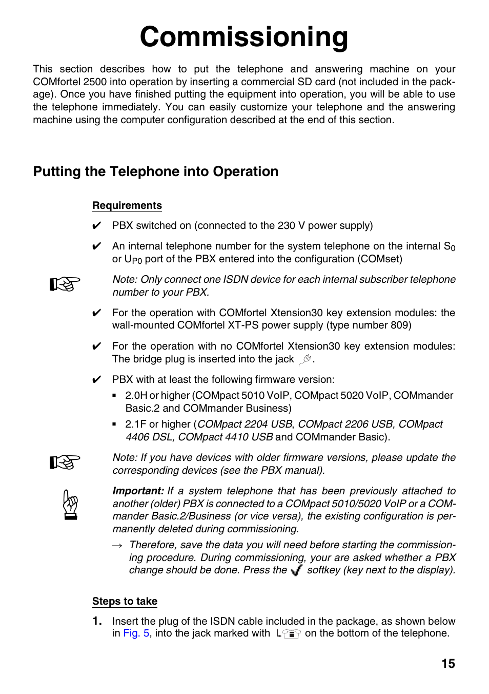 Commissioning, Putting the telephone into operation | Auerswald 1500 User Manual | Page 15 / 36