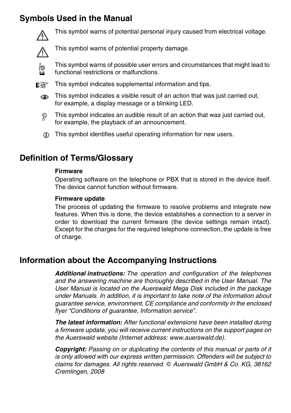 Symbols used in the manual, Definition of terms/glossary, Information about the accompanying instructions | Auerswald 1500 User Manual | Page 2 / 36