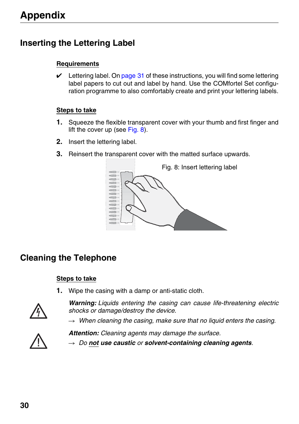 Inserting the lettering label, Cleaning the telephone, Appendix | Auerswald 1500 User Manual | Page 30 / 36