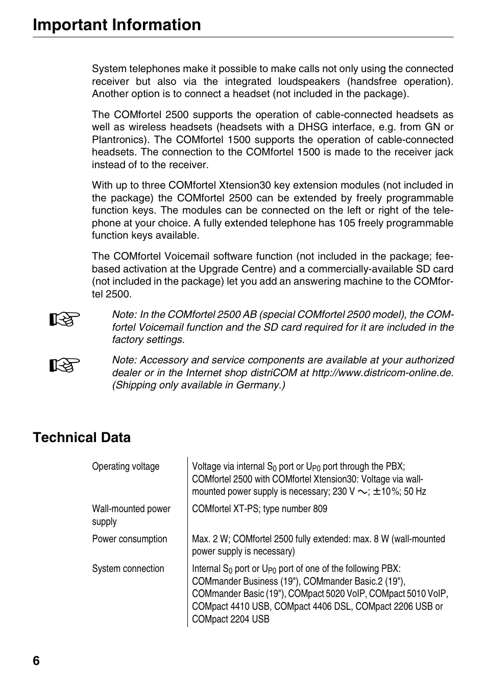 Technical data, Important information | Auerswald 1500 User Manual | Page 6 / 36