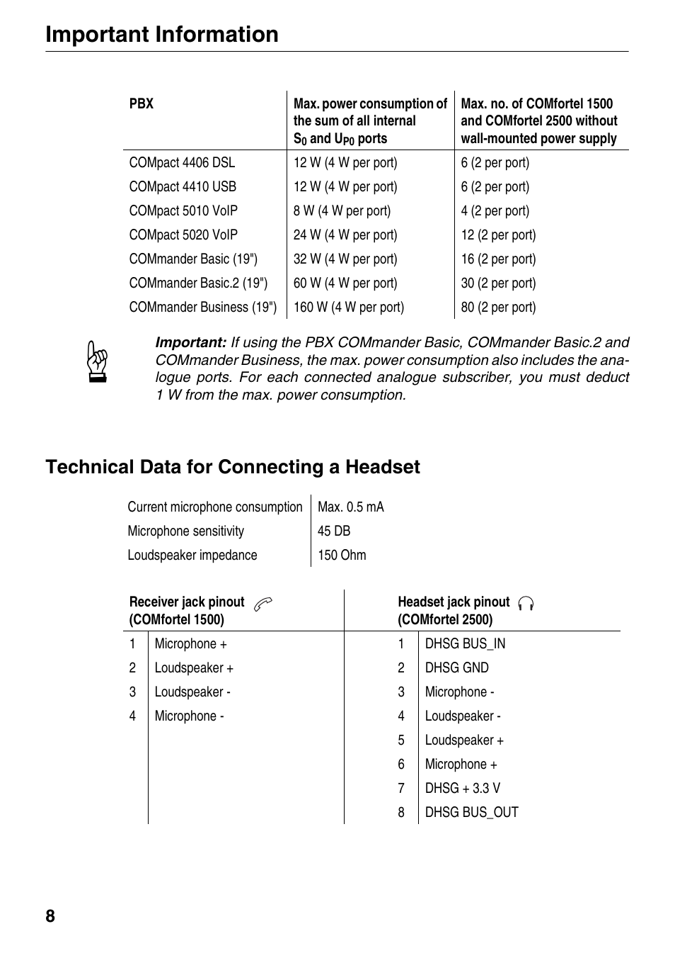 Technical data for connecting a headset, Important information | Auerswald 1500 User Manual | Page 8 / 36
