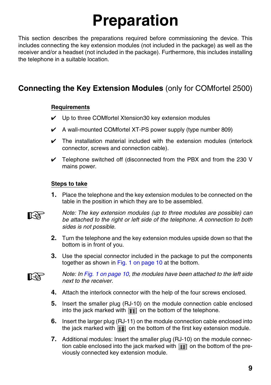 Preparation, Connecting the key extension modules (on | Auerswald 1500 User Manual | Page 9 / 36