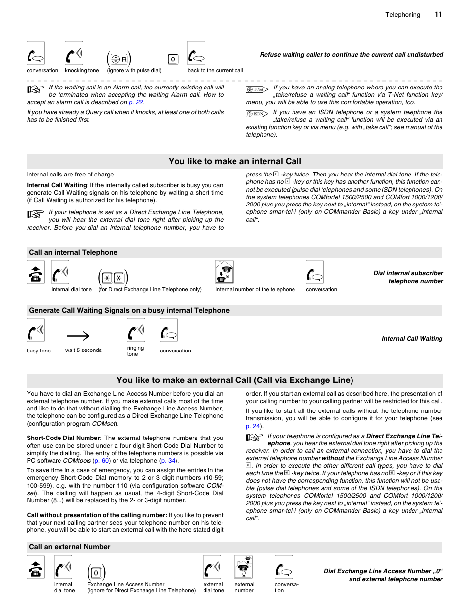 You like to make an internal call, Call an internal telephone, Call an external number | G f (f) 0 g, B f (**) n g, F ǟ f g, B f (0) f r g | Auerswald 2206 USB User Manual | Page 11 / 76