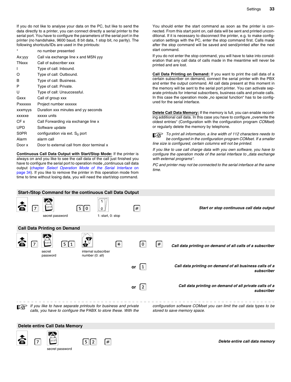Call data printing on demand, Delete entire call data memory, B 7 o 50 s | B 7 o 51 n * 0, B 7 o 52 | Auerswald 2206 USB User Manual | Page 33 / 76