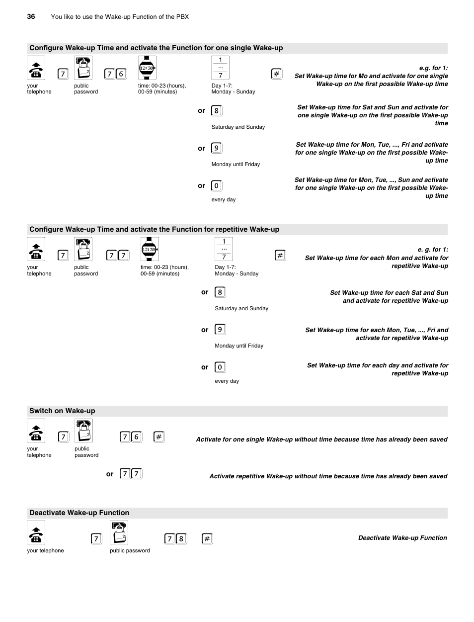 Switch on wake-up, Deactivate wake-up function, B 7 q 76 u ö | B 7 q 77 u ö, B 7 q 76, B7 q 78 | Auerswald 2206 USB User Manual | Page 36 / 76