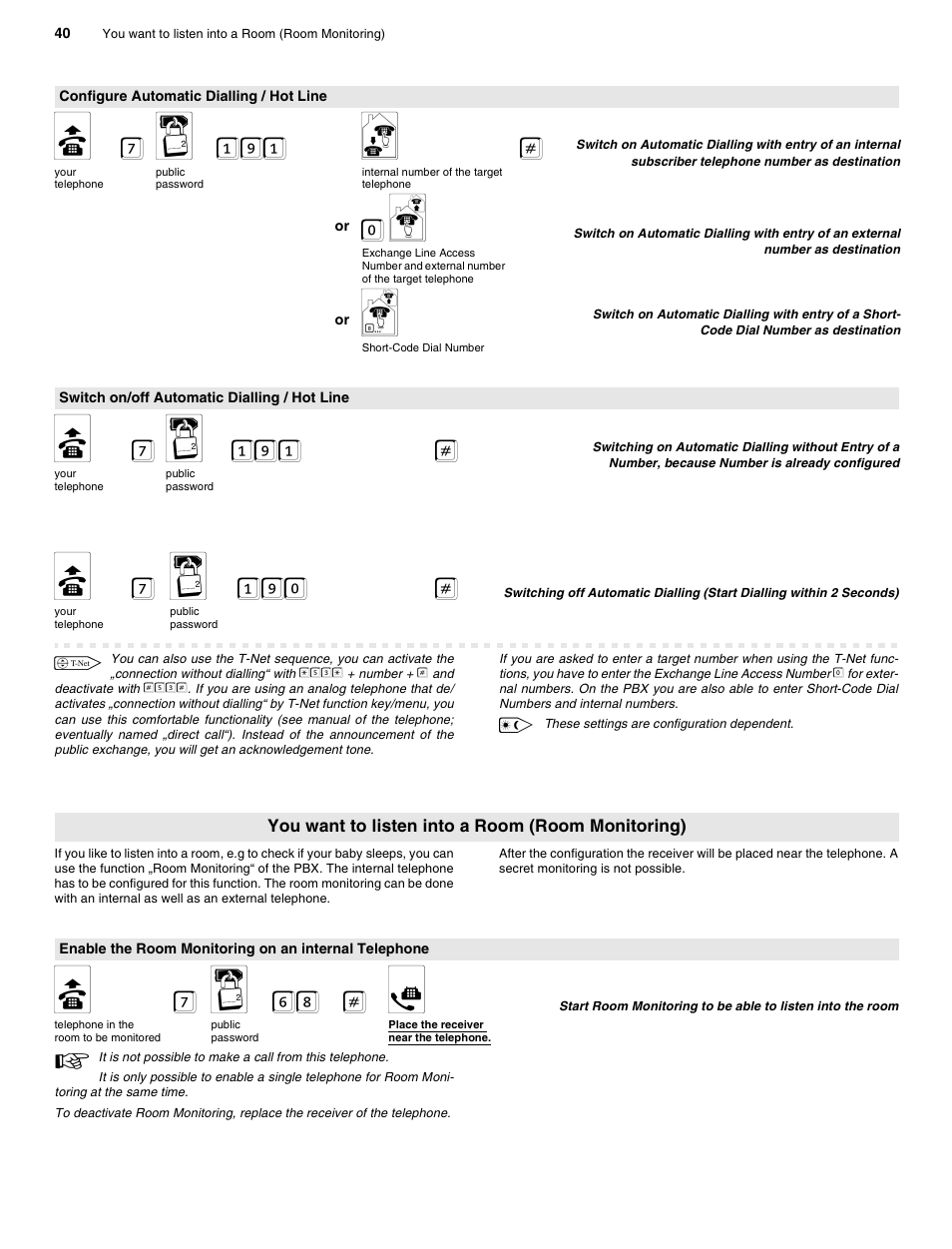Configure automatic dialling / hot line, Switch on/off automatic dialling / hot line, You want to listen into a room (room monitoring) | B 7 q 191 n, B 7 q 191, B 7 q 190, B7 q 68 # d | Auerswald 2206 USB User Manual | Page 40 / 76