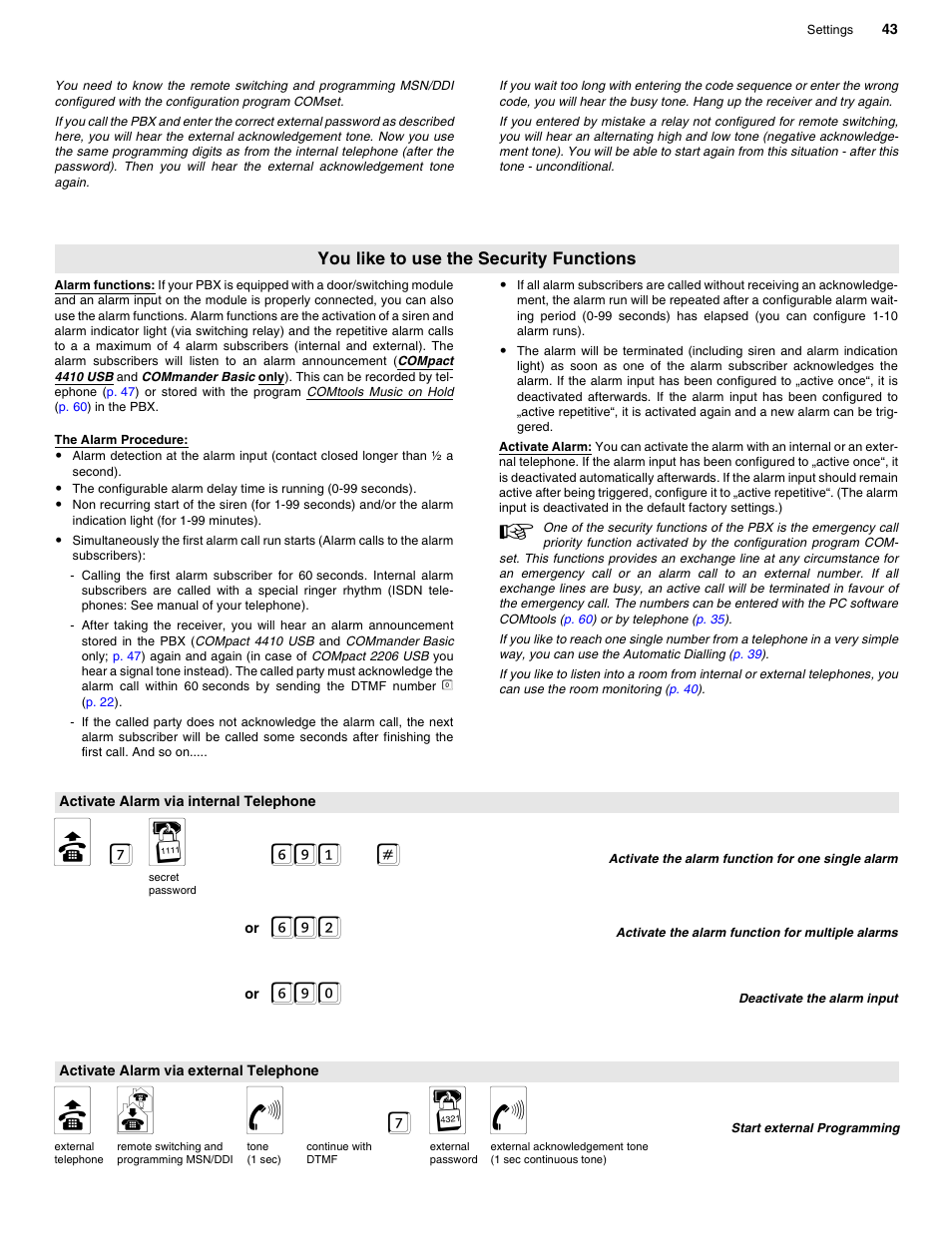 You like to use the security functions, Activate alarm via internal telephone, Activate alarm via external telephone | B 7 o 691, B m f 7 w f | Auerswald 2206 USB User Manual | Page 43 / 76