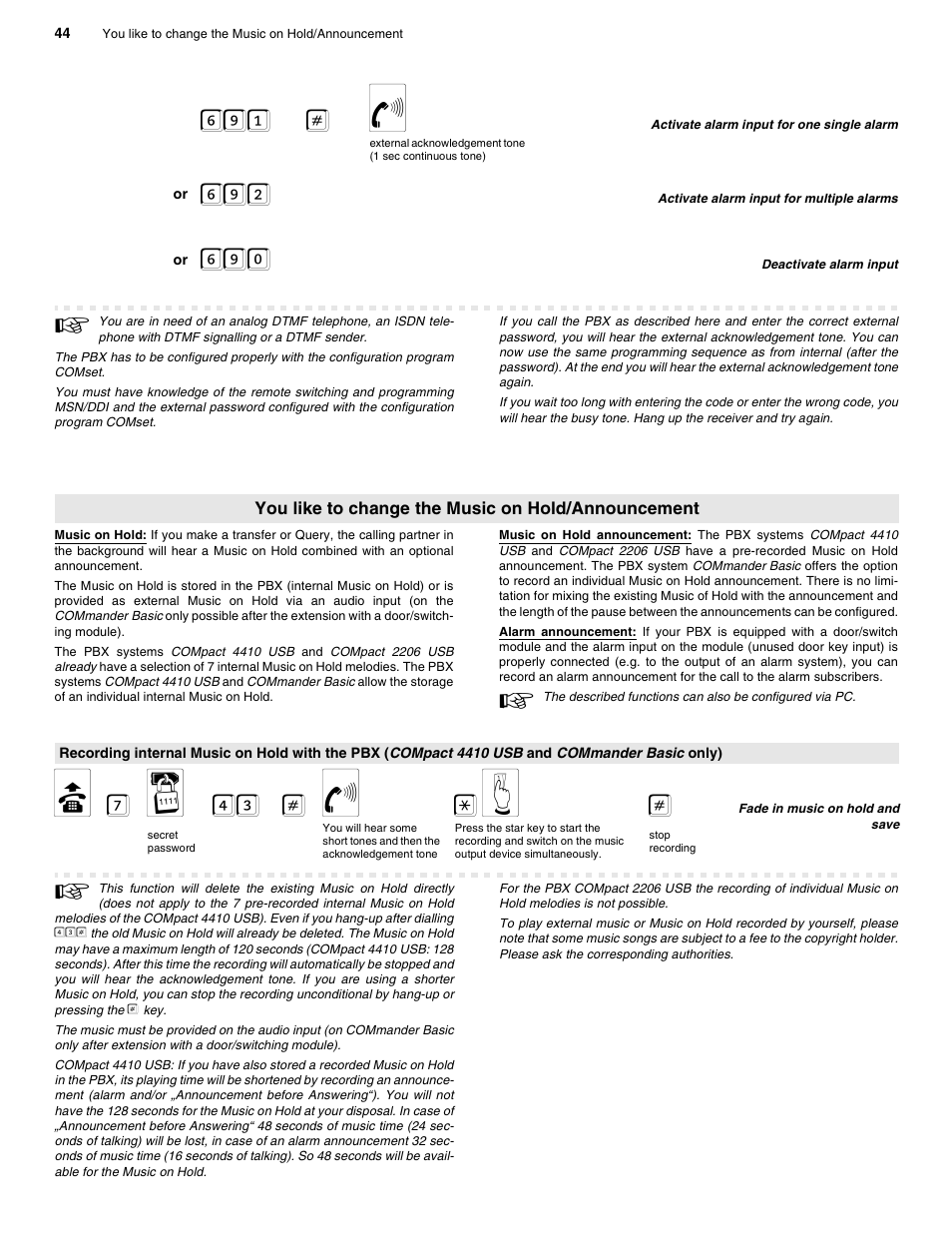You like to change the music on hold/announcement, Recording internal music on hold with the pbx, 691 # f | B 7 o 43 # f *e | Auerswald 2206 USB User Manual | Page 44 / 76