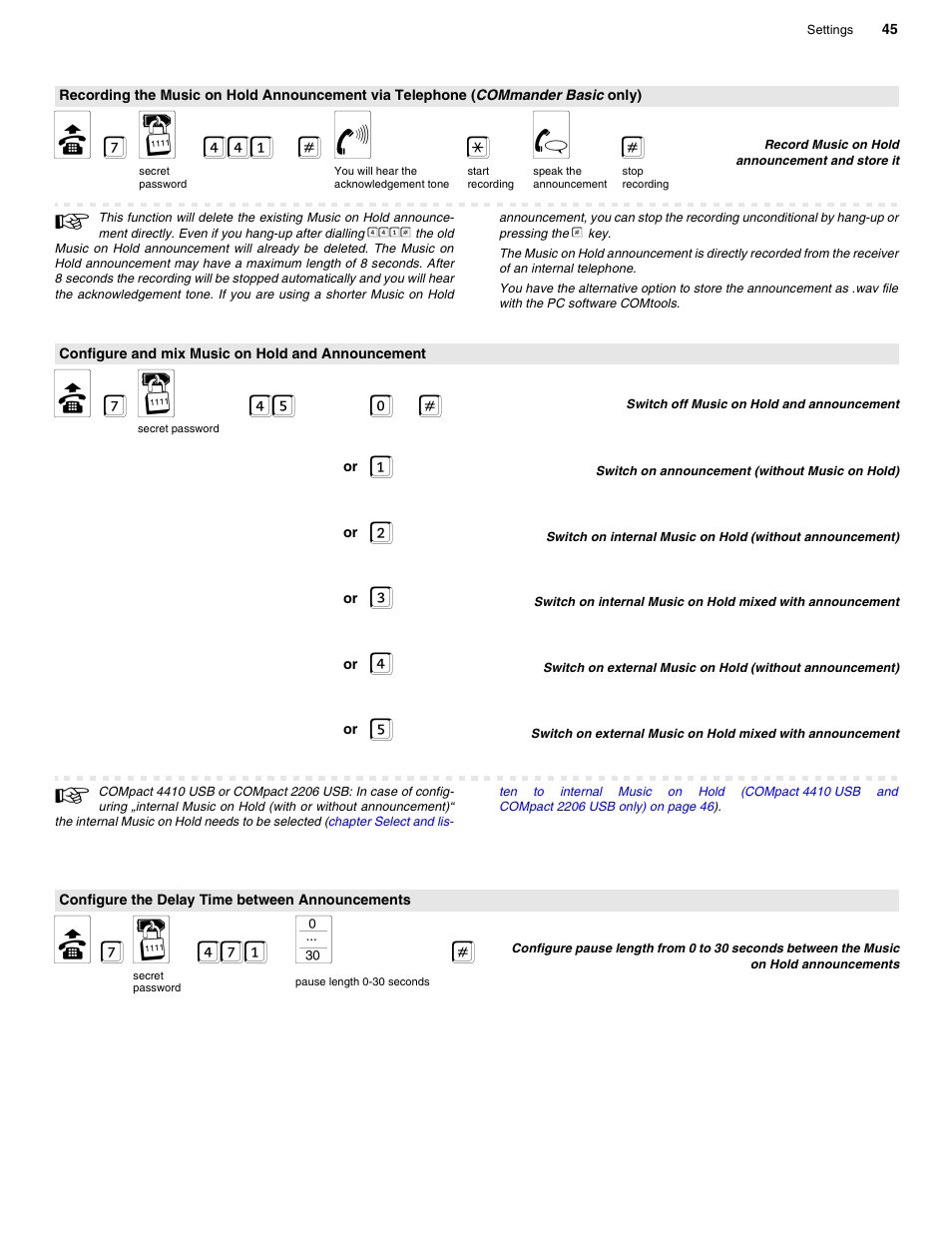 Configure and mix music on hold and announcement, Configure the delay time between announcements, B 7 o 441 # f * g | B 7 o 45 0, B 7 o 471 s | Auerswald 2206 USB User Manual | Page 45 / 76