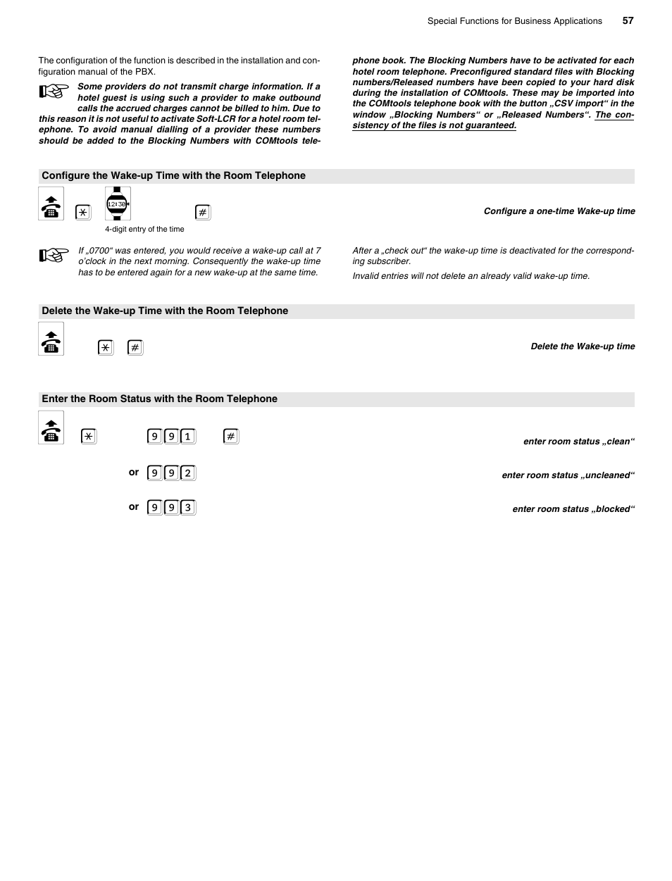 Configure the wake-up time with the room telephone, Delete the wake-up time with the room telephone, Enter the room status with the room telephone | B * u, B * 991 | Auerswald 2206 USB User Manual | Page 57 / 76