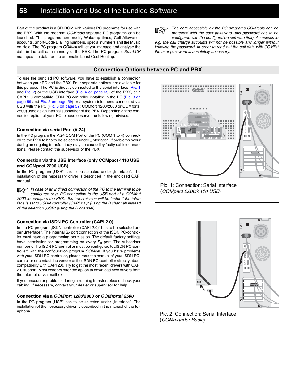 Installation and use of the bundled software, Connection options between pc and pbx, Connection via serial port (v.24) | Connection via isdn pc-controller (capi 2.0), Connection via a co, 58 installation and use of the bundled software | Auerswald 2206 USB User Manual | Page 58 / 76