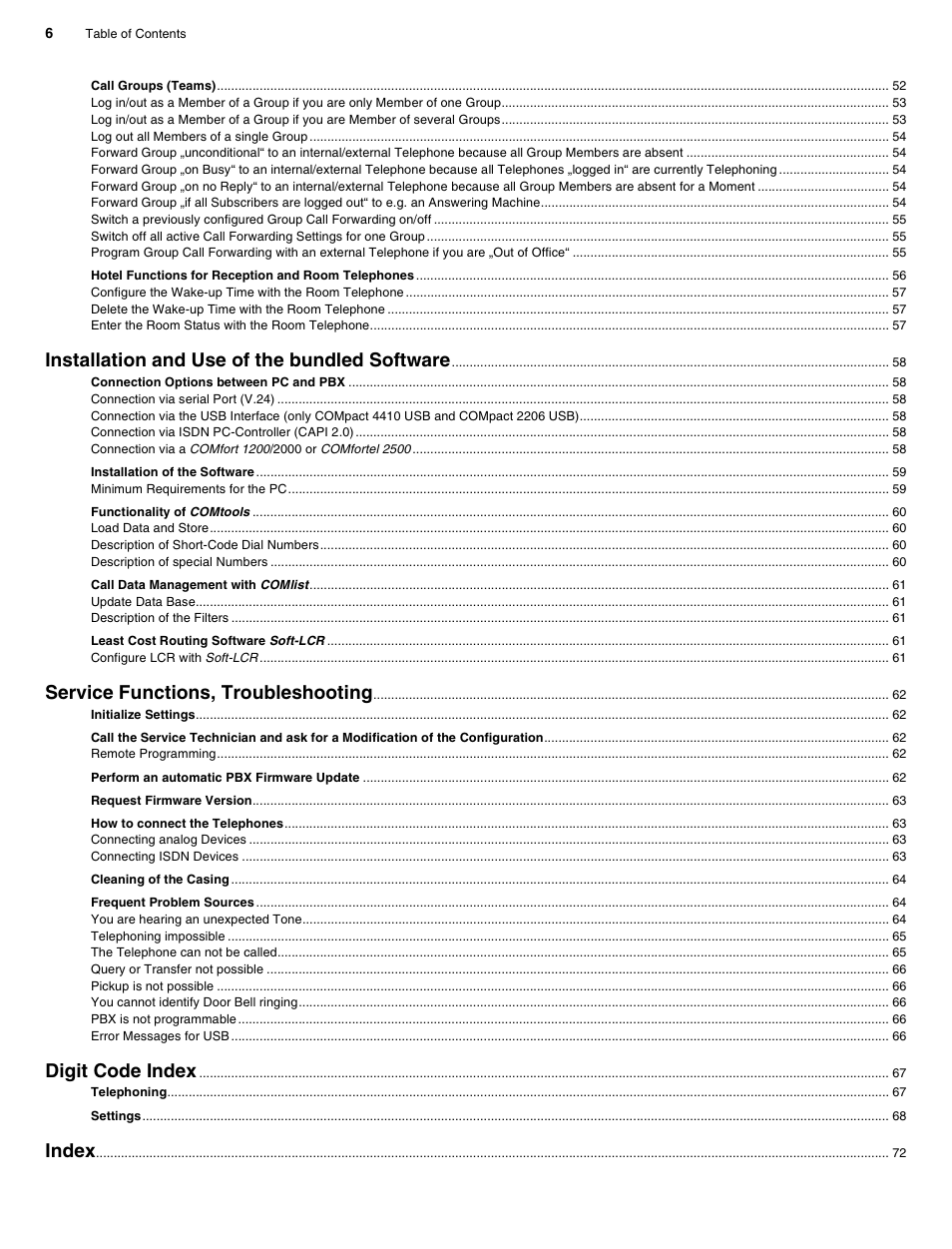 Installation and use of the bundled software, Service functions, troubleshooting, Digit code index | Index | Auerswald 2206 USB User Manual | Page 6 / 76