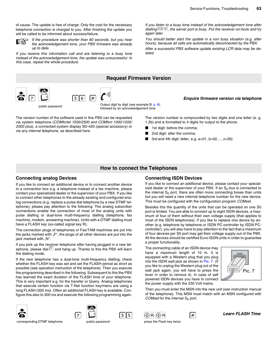 Request firmware version, How to connect the telephones, Connecting analog devices | Connecting isdn devices, Pare, Chapter connecting analog devices on, B 7 q 56 # f, B7 q 55 ff | Auerswald 2206 USB User Manual | Page 63 / 76