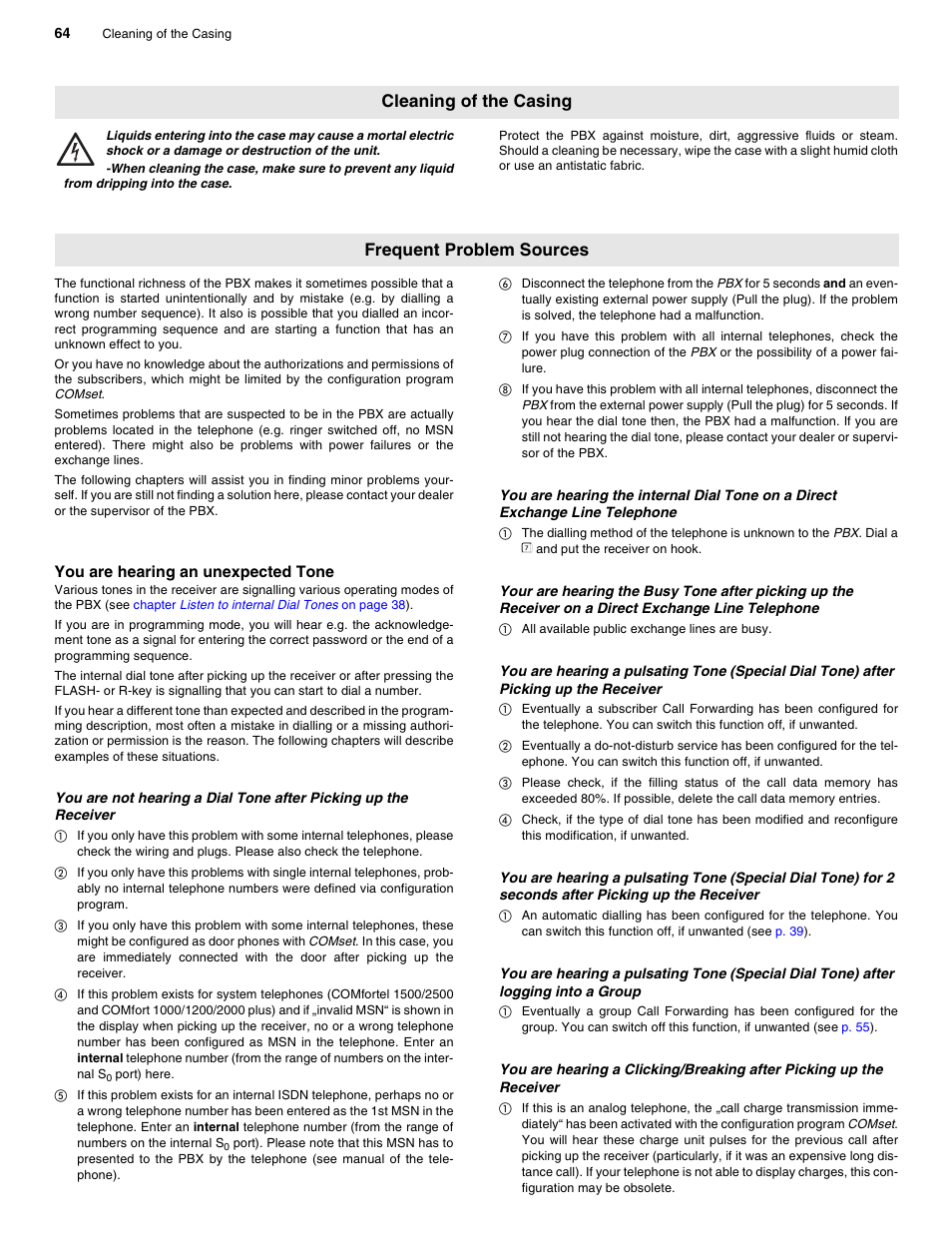 Cleaning of the casing, Frequent problem sources, You are hearing an unexpected tone | Cleaning of the casing frequent problem sources | Auerswald 2206 USB User Manual | Page 64 / 76