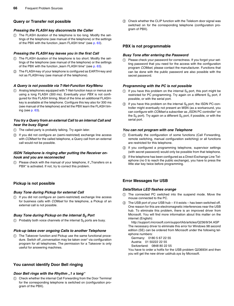 Query or transfer not possible, Pickup is not possible, You cannot identify door bell ringing | Pbx is not programmable, Error messages for usb | Auerswald 2206 USB User Manual | Page 66 / 76