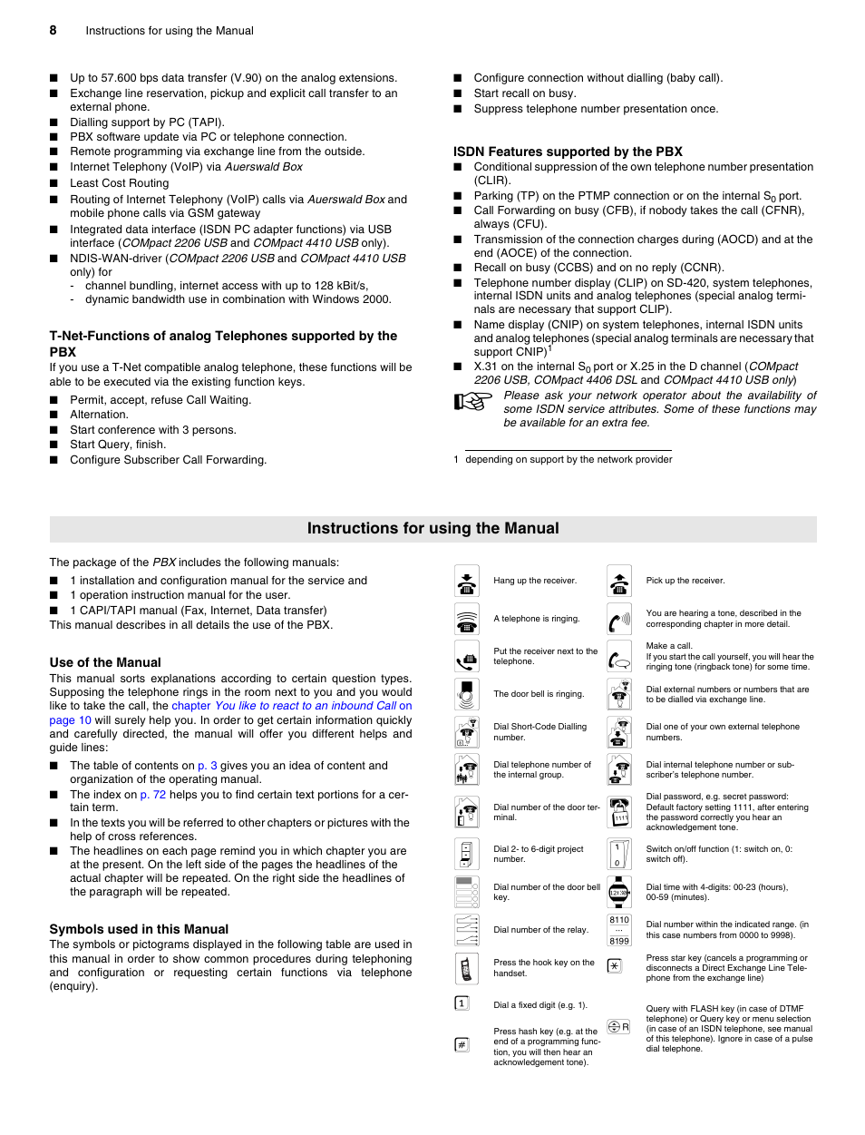 Isdn features supported by the pbx, Instructions for using the manual, Use of the manual | Symbols used in this manual | Auerswald 2206 USB User Manual | Page 8 / 76