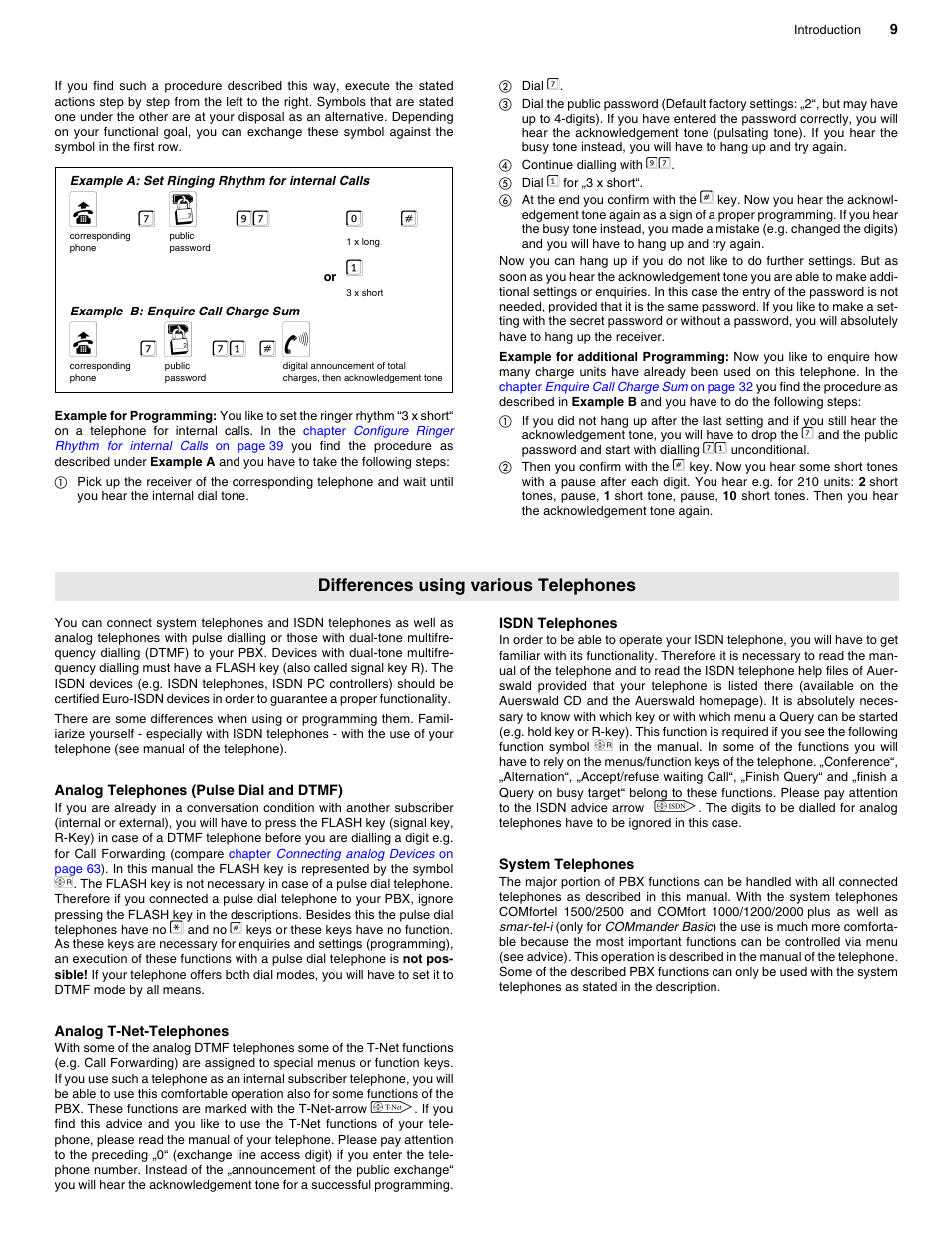 Differences using various telephones, Analog telephones (pulse dial and dtmf), Analog t-net-telephones | Isdn telephones, System telephones, Chapter analog t-net, Chapter isdn telephones, B 7 q 97 0, B 7 q 71 # f | Auerswald 2206 USB User Manual | Page 9 / 76