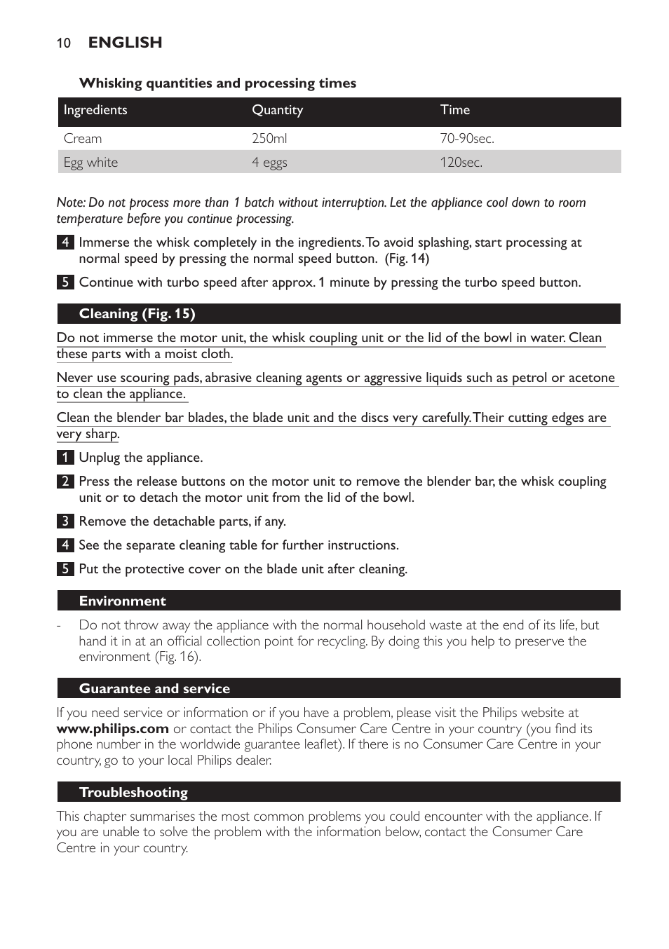 Cleaning (fig. 15), Environment, Guarantee and service | Troubleshooting | Philips Frullatore ad immersione User Manual | Page 10 / 88