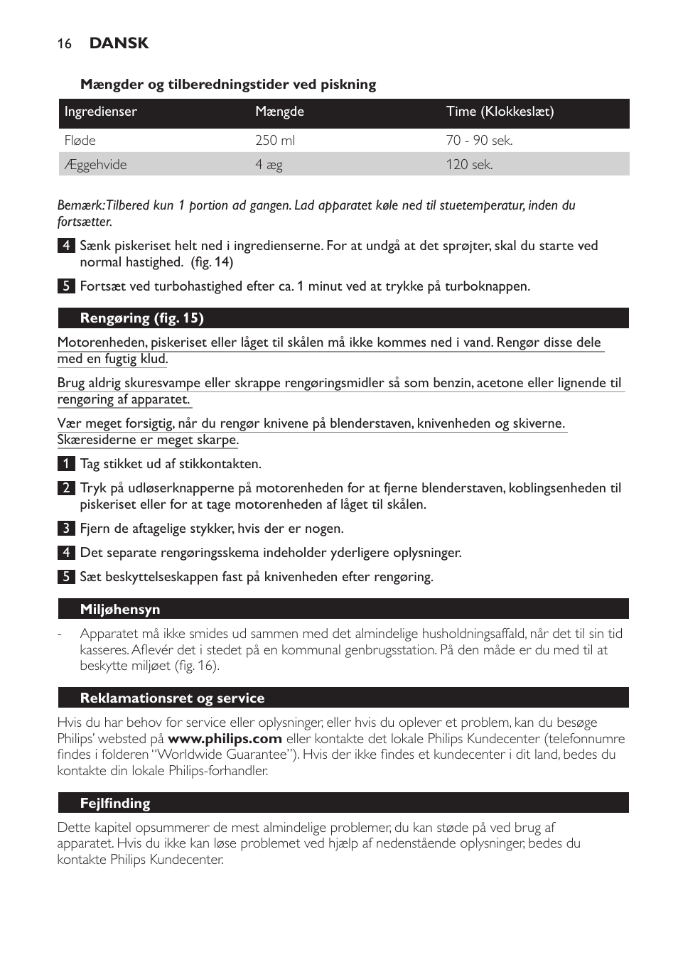 Rengøring (fig. 15), Miljøhensyn, Reklamationsret og service | Fejlfinding | Philips Frullatore ad immersione User Manual | Page 16 / 88