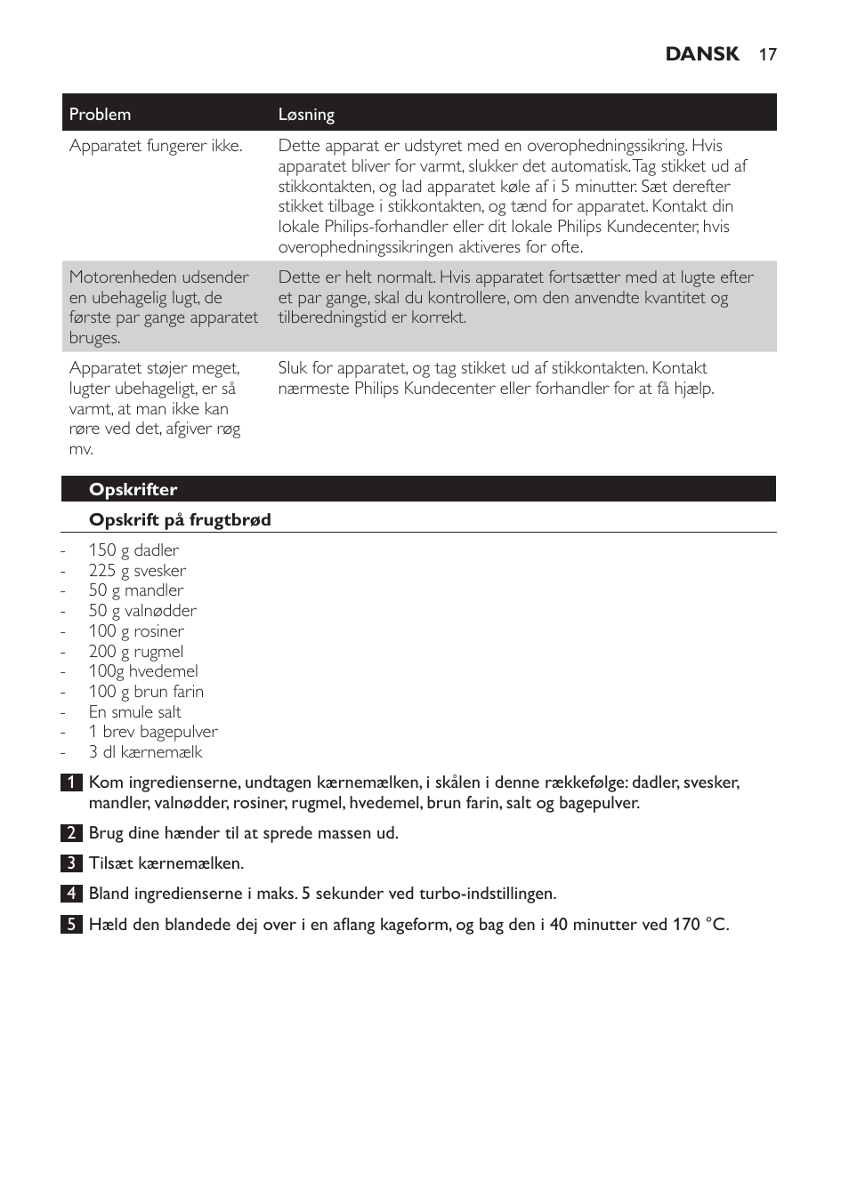 Opskrifter, Opskrift på frugtbrød | Philips Frullatore ad immersione User Manual | Page 17 / 88