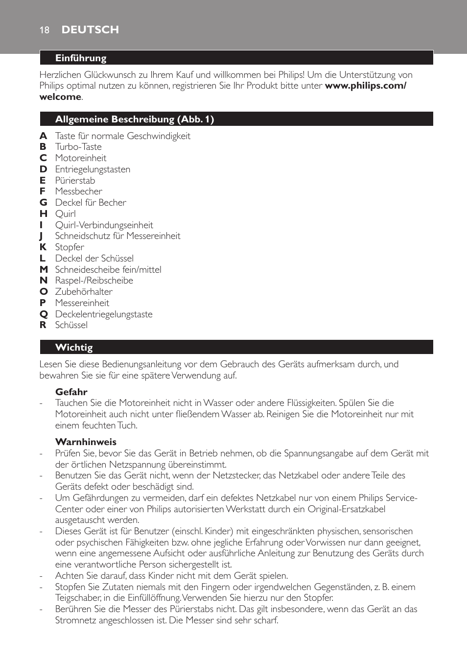 Gefahr, Warnhinweis, Deutsch | Einführung, Allgemeine beschreibung (abb. 1), Wichtig | Philips Frullatore ad immersione User Manual | Page 18 / 88
