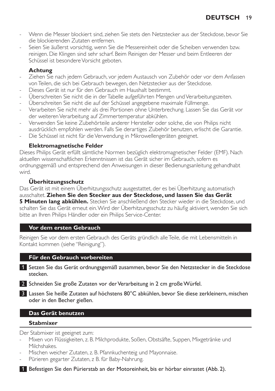 Achtung, Elektromagnetische felder, Überhitzungsschutz | Vor dem ersten gebrauch, Für den gebrauch vorbereiten, Das gerät benutzen, Stabmixer | Philips Frullatore ad immersione User Manual | Page 19 / 88