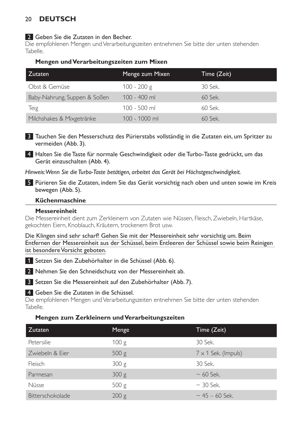 Mengen und verarbeitungszeiten zum mixen, Küchenmaschine, Messereinheit | Mengen zum zerkleinern und verarbeitungszeiten | Philips Frullatore ad immersione User Manual | Page 20 / 88