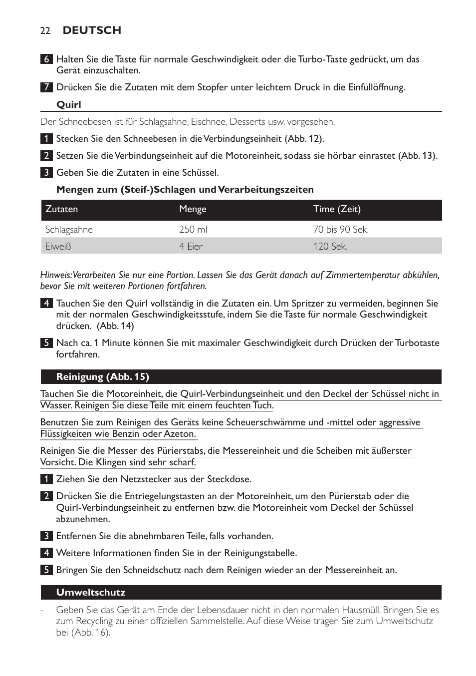 Quirl, Reinigung (abb. 15), Umweltschutz | Philips Frullatore ad immersione User Manual | Page 22 / 88