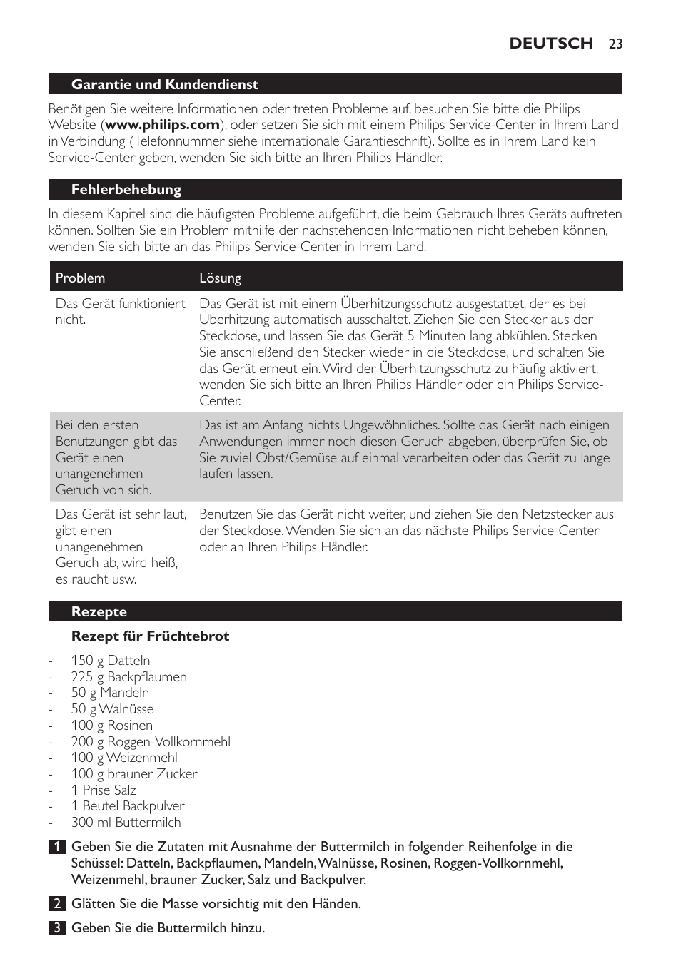 Garantie und kundendienst, Fehlerbehebung, Rezepte | Rezept für früchtebrot | Philips Frullatore ad immersione User Manual | Page 23 / 88