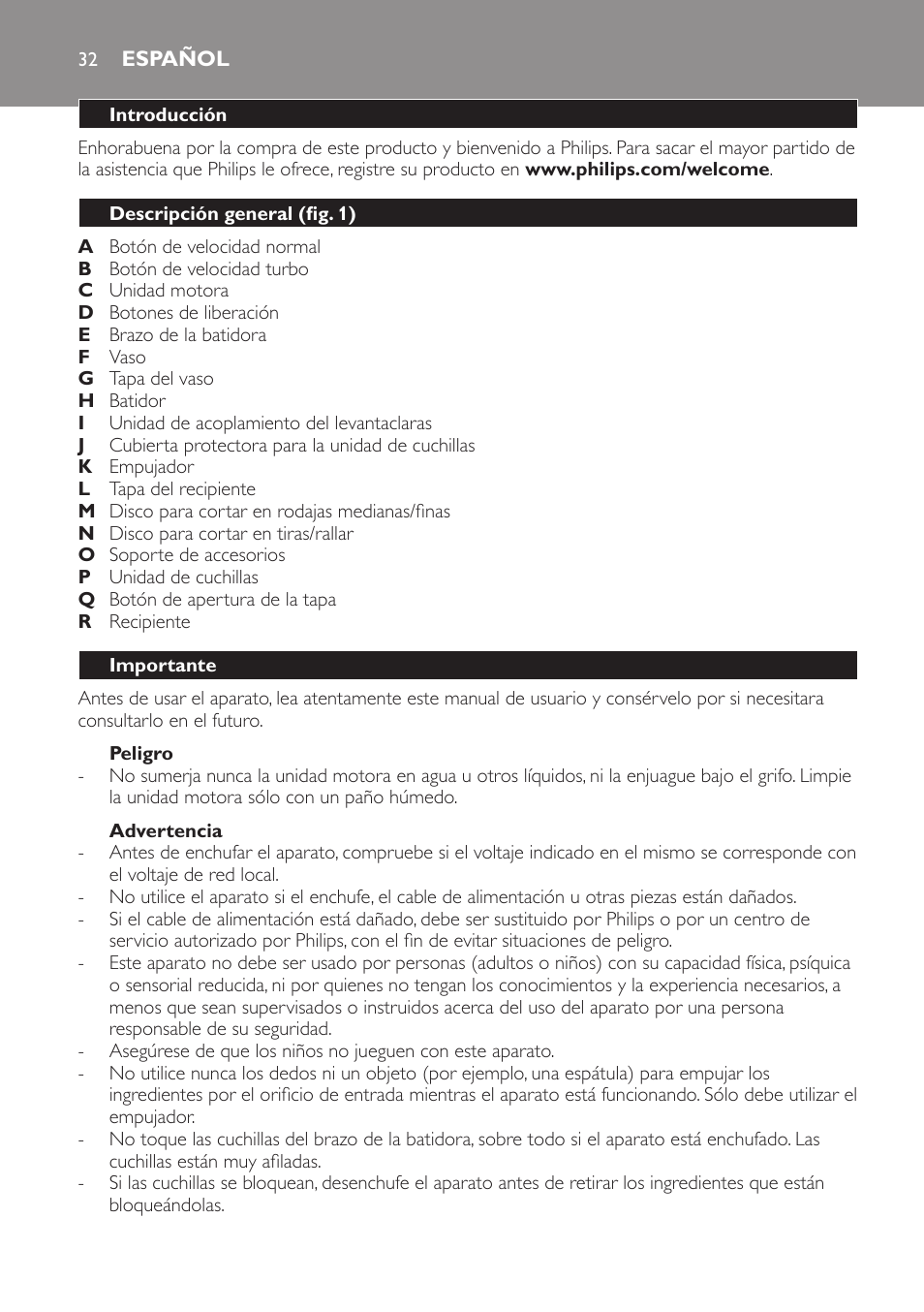 Peligro, Advertencia, Español | Introducción, Descripción general (fig. 1), Importante | Philips Frullatore ad immersione User Manual | Page 32 / 88