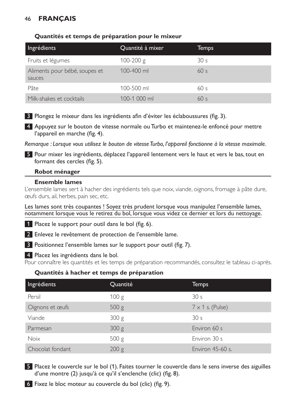 Quantités et temps de préparation pour le mixeur, Robot ménager, Ensemble lames | Quantités à hacher et temps de préparation | Philips Frullatore ad immersione User Manual | Page 46 / 88