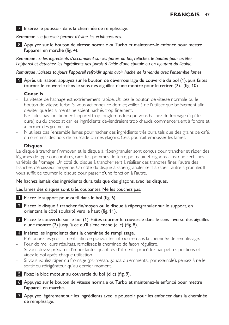 Conseils, Disques, Fouet | Philips Frullatore ad immersione User Manual | Page 47 / 88