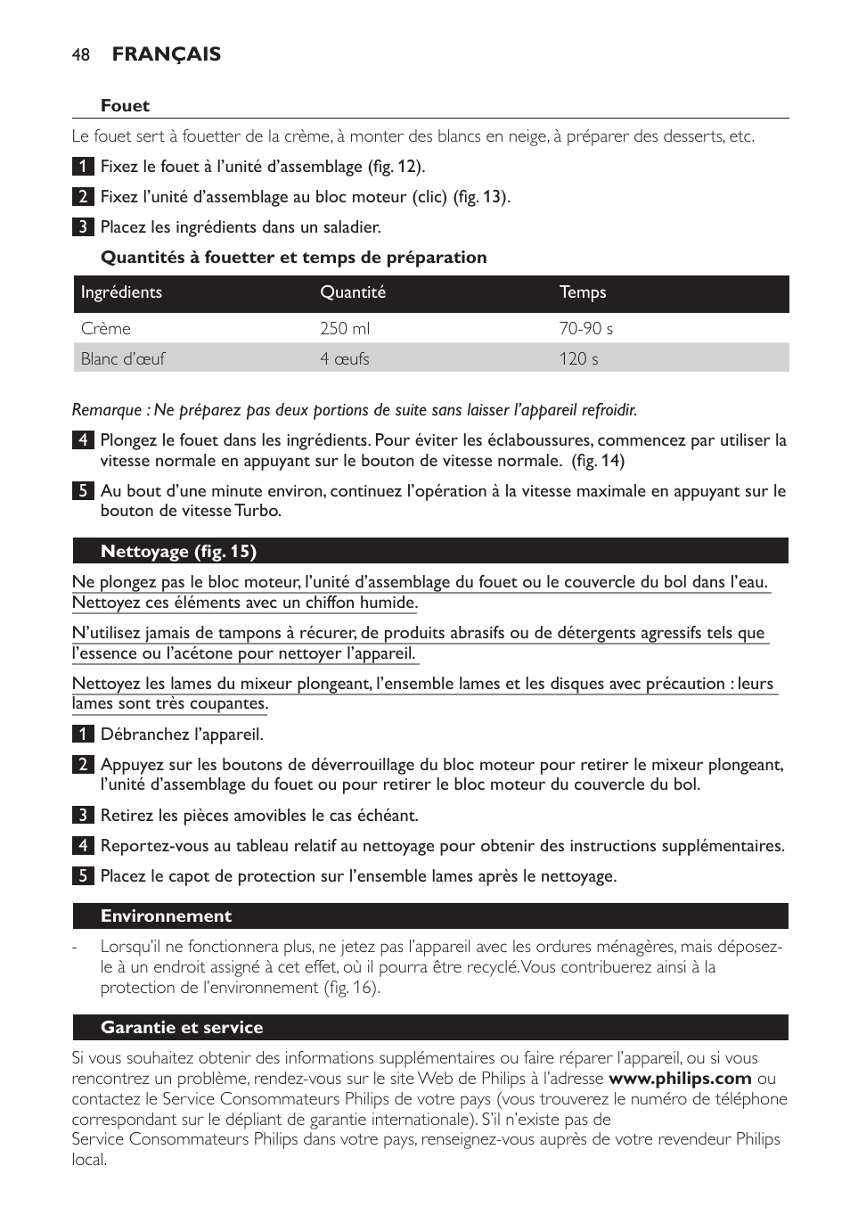 Quantités à fouetter et temps de préparation, Nettoyage (fig. 15), Environnement | Garantie et service | Philips Frullatore ad immersione User Manual | Page 48 / 88