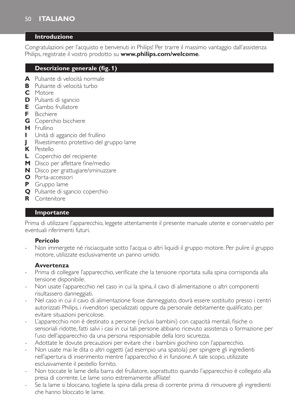 Pericolo, Avvertenza, Italiano | Introduzione, Descrizione generale (fig. 1), Importante | Philips Frullatore ad immersione User Manual | Page 50 / 88