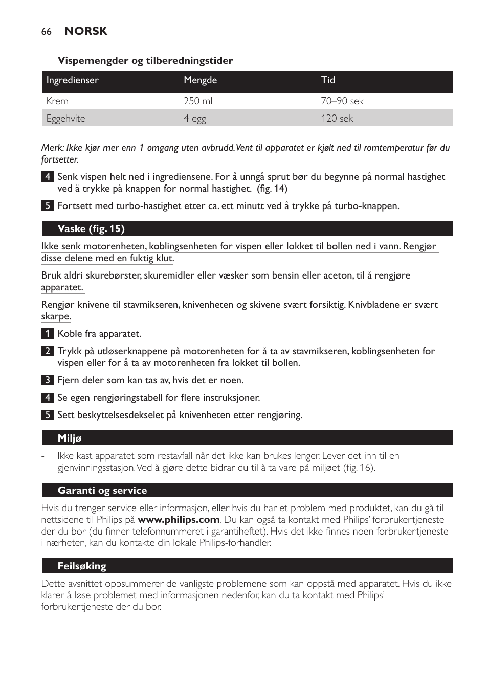 Vaske (fig. 15), Miljø, Garanti og service | Feilsøking | Philips Frullatore ad immersione User Manual | Page 66 / 88