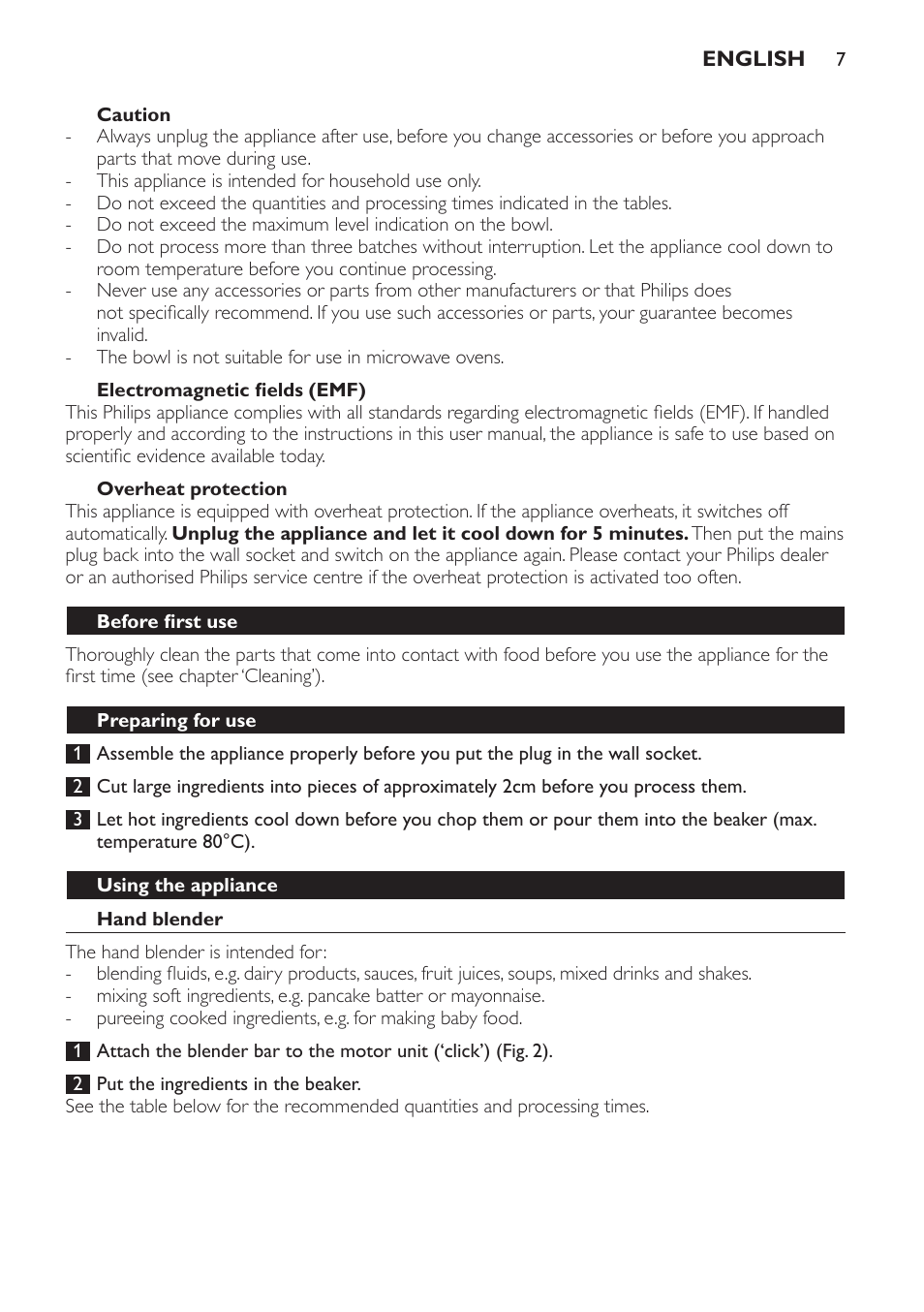 Caution, Electromagnetic fields (emf), Overheat protection | Before first use, Preparing for use, Using the appliance, Hand blender, Blending quantities and preparation times | Philips Frullatore ad immersione User Manual | Page 7 / 88