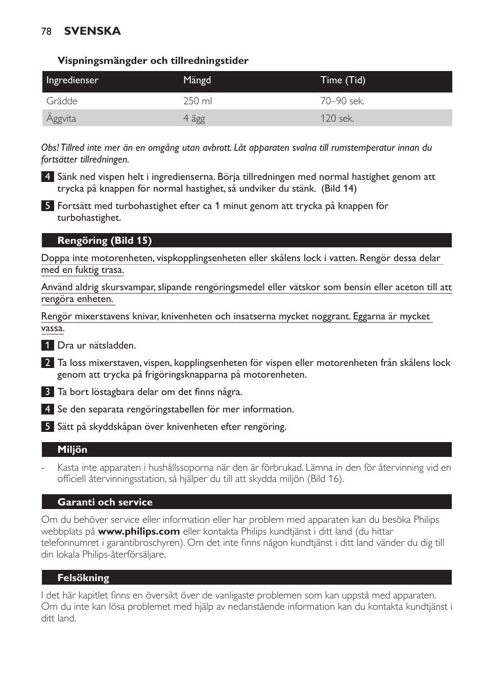 Rengöring (bild 15), Miljön, Garanti och service | Felsökning | Philips Frullatore ad immersione User Manual | Page 78 / 88