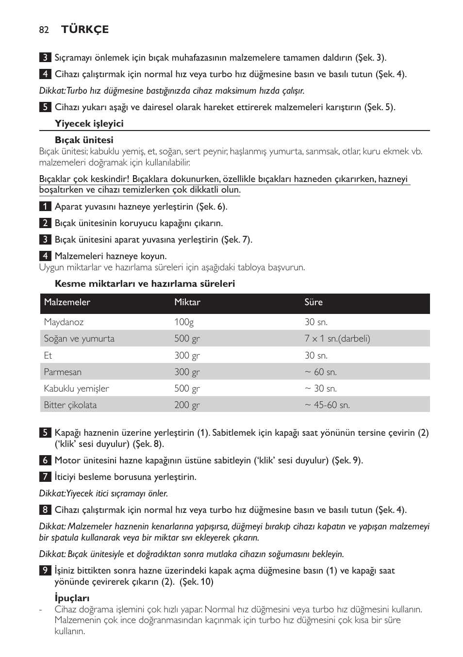 Yiyecek işleyici, Bıçak ünitesi, Kesme miktarları ve hazırlama süreleri | Ipuçları | Philips Frullatore ad immersione User Manual | Page 82 / 88
